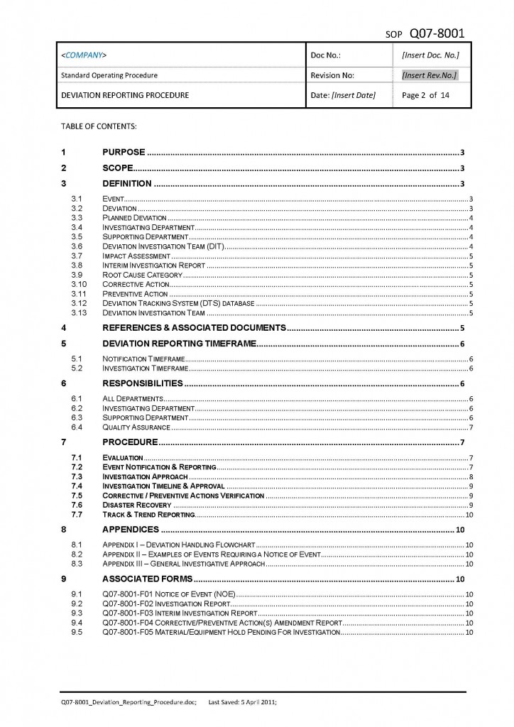 Non-Conformance - Deviation Reporting Procedure